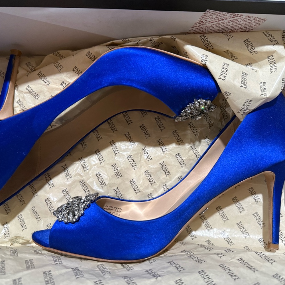 Badgley Mischka Sapphire Satin Heels with Jewel Embellishments